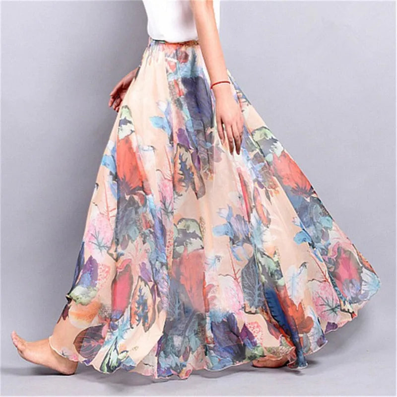 Vintage Bohemian Long Skirts Women Elegant Chiffon Saia Harajuku Beach High Waist Long Skirt Woman Clothes Faldas Tutu Vestidos - reetell