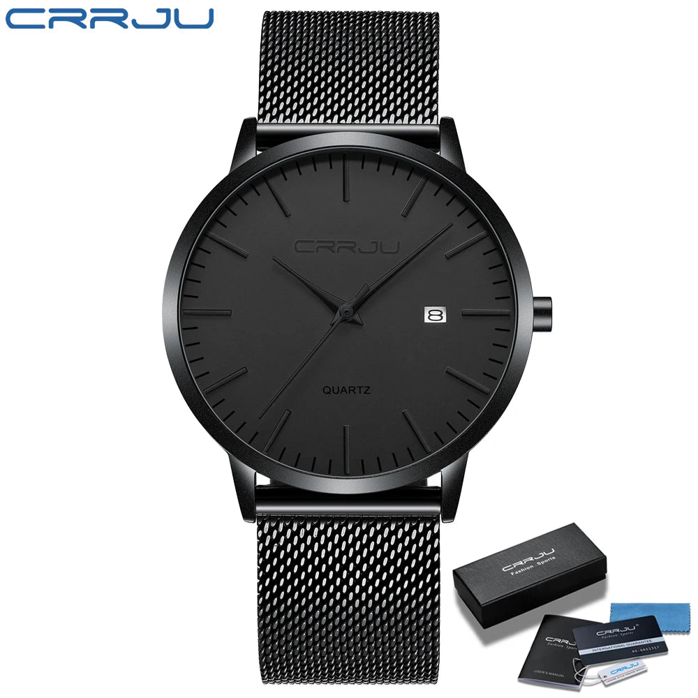 CRRJU Fashion Mens Watches Ultra Thin Quartz Watch Men Casual Slim Mesh Steel Waterproof Sport Watch Black Relogio Masculino