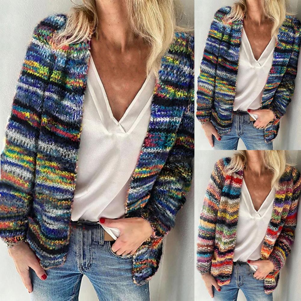 2021 New Women Sweater Rainbow Stripes Temperament Autumn Winter Long Sleeve Knitted Cardigan Coat for Office - reetell