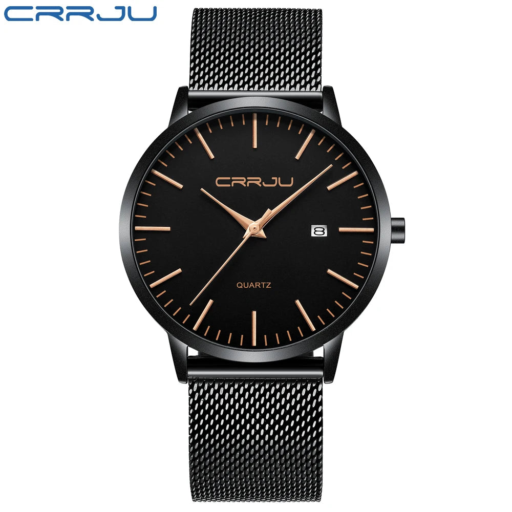 CRRJU Fashion Mens Watches Ultra Thin Quartz Watch Men Casual Slim Mesh Steel Waterproof Sport Watch Black Relogio Masculino