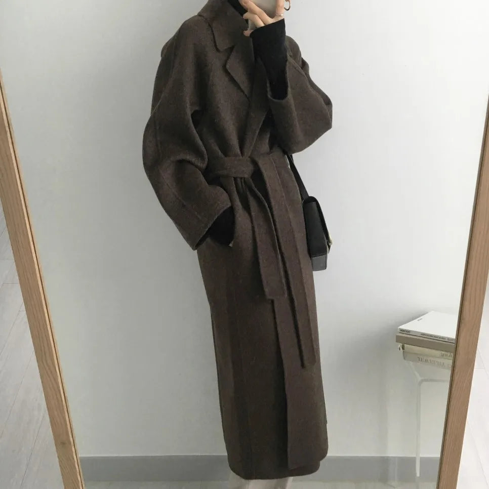 JXMYY French Lazy Style Warm Female Fresh Winter 2024 Classical Belt Retro Loose Women Woolen Coats Chic Casual Long Coat Long - reetell