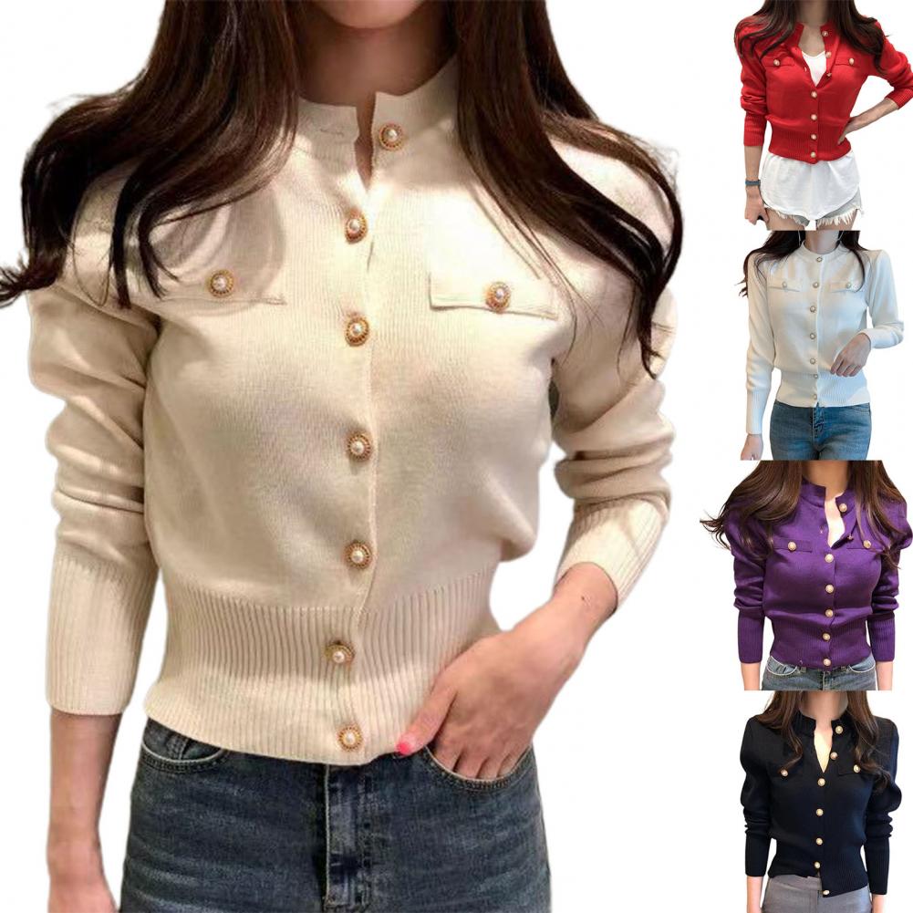 Women Cardigan Sweater Decorative Pockets Faux Pearl Buttons Knitted Coat Short Single Breasted Korean Slim Chic Ladies Tops - reetell