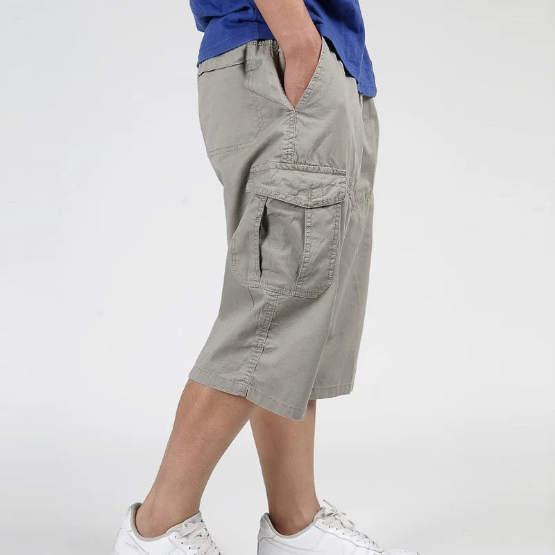 2023 Men Summer Multi-Pocket Baggy Cargo Cotton Calf Length Pants Casual Trouser Male Large Solid Color Shorts Plus Size Xl-6Xl - reetell