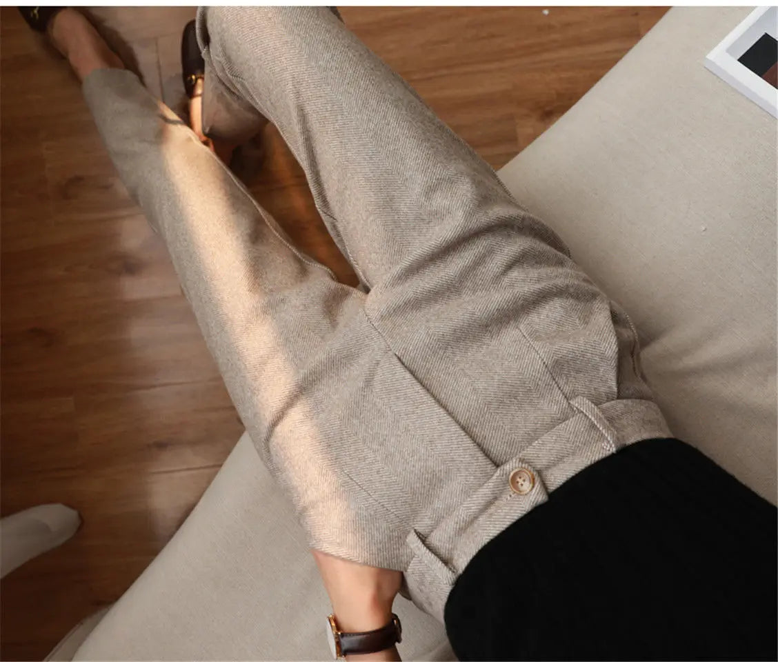 Woolen Pants Women's Harem Pencil Pants 2024 Autumn Winter High Waisted Casual Suit Pants Office Lady Women Trousers - reetell