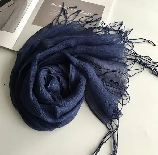 55*180cm Fashion Soft Solid Women 100% Linen Flax Tassel Scarf Summer Travel Sunscreen Long Shawl Elegant Hijab Women Foulard - reetell