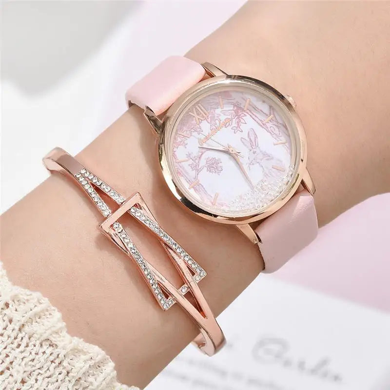 Luxury Rhinestones Women Watches Fashion Rabbit Pattern Dial Design Ladies Wristwatches Qualities Female Quartz Leather Watch