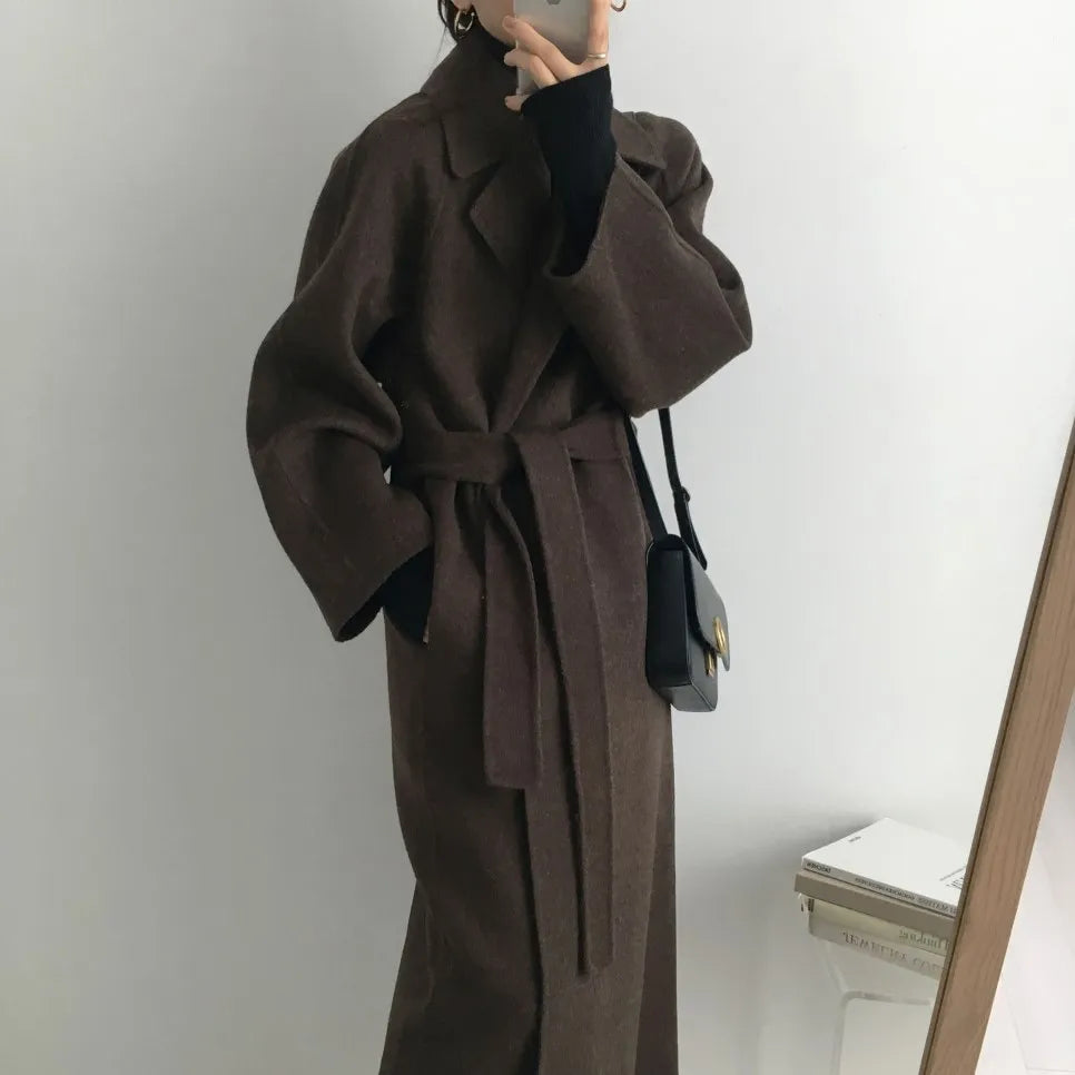 JXMYY French Lazy Style Warm Female Fresh Winter 2024 Classical Belt Retro Loose Women Woolen Coats Chic Casual Long Coat Long - reetell