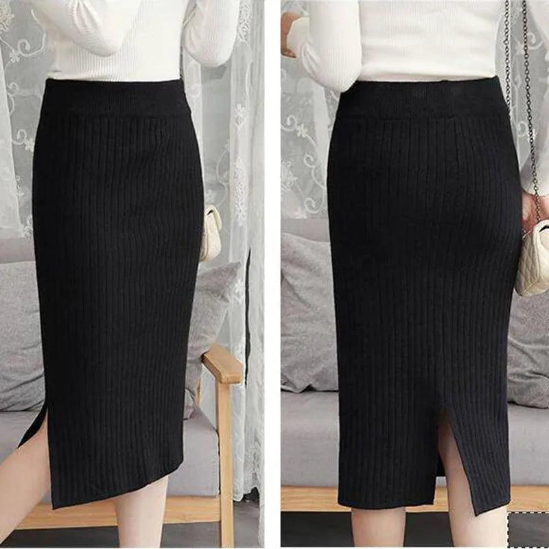 50-60-70 CM Fashion Autumn Winter Korean Knitted Women Skirts Elastic High Waist Split A-line Female Sexy Ribbed Skirts - reetell