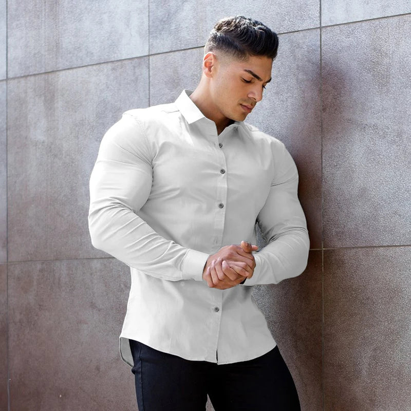 Men Fashion Casual long Sleeve Solid Shirt Super Slim Fit Male Social Business Dress Shirt Brand Men Fitness Sports Clothing - reetell