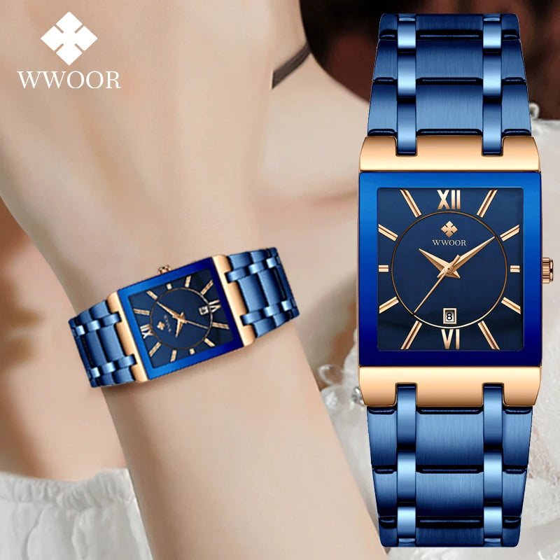 2022 WWOOR New Women Watches Top Brand Luxury Women's Bracelet Blue Square Watch Ladies Dress Quartz Wristwatch Relogio Feminino