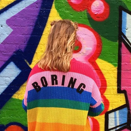 BORING Letters Rainbow Multicolor Striped Loose Kimono Cardigan Women Fall Winter Knitted Cardigan Sweet Long Sweater C111 - reetell