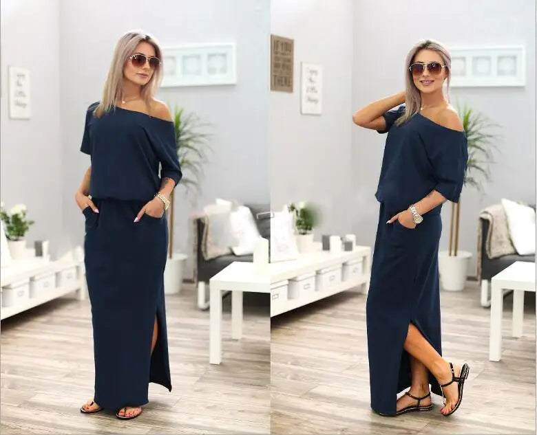 Sexy Slash neck Side Split Loose Dress Women Summer Long Maxi Dress Short Sleeve Evening Party Dress - reetell