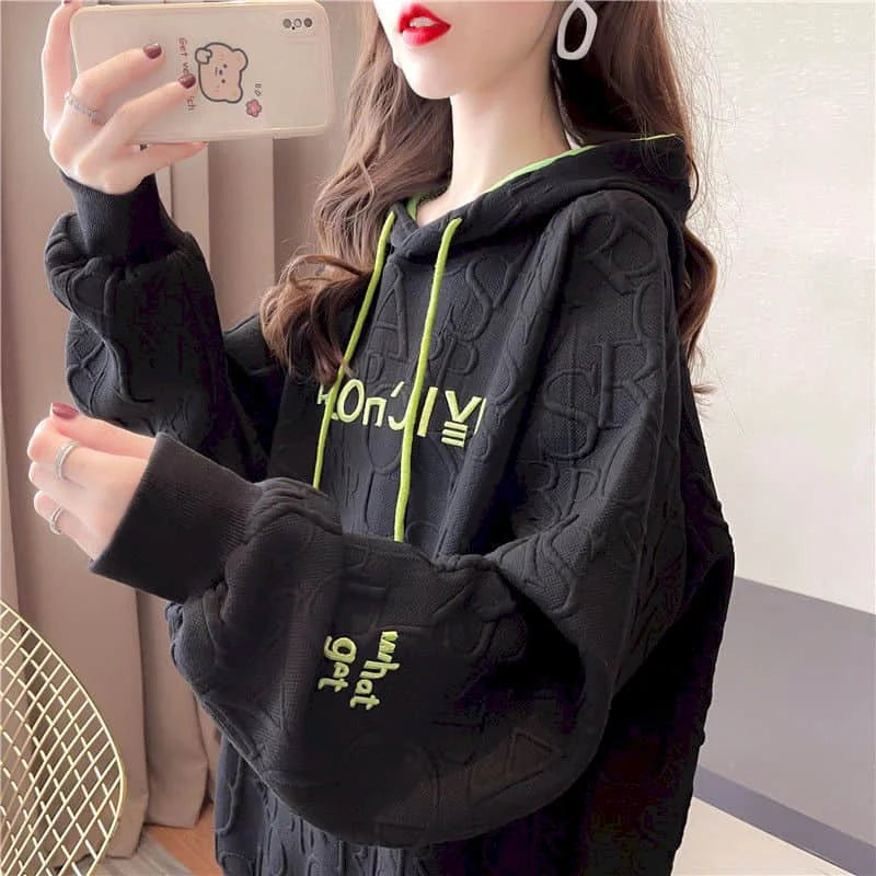 Autumn New Embroidery Hoodies Womens Fashion Loose Large Size Hoodie Korean Trendy Thin Long-sleeved Versatile Hooded Sweatshirt - reetell