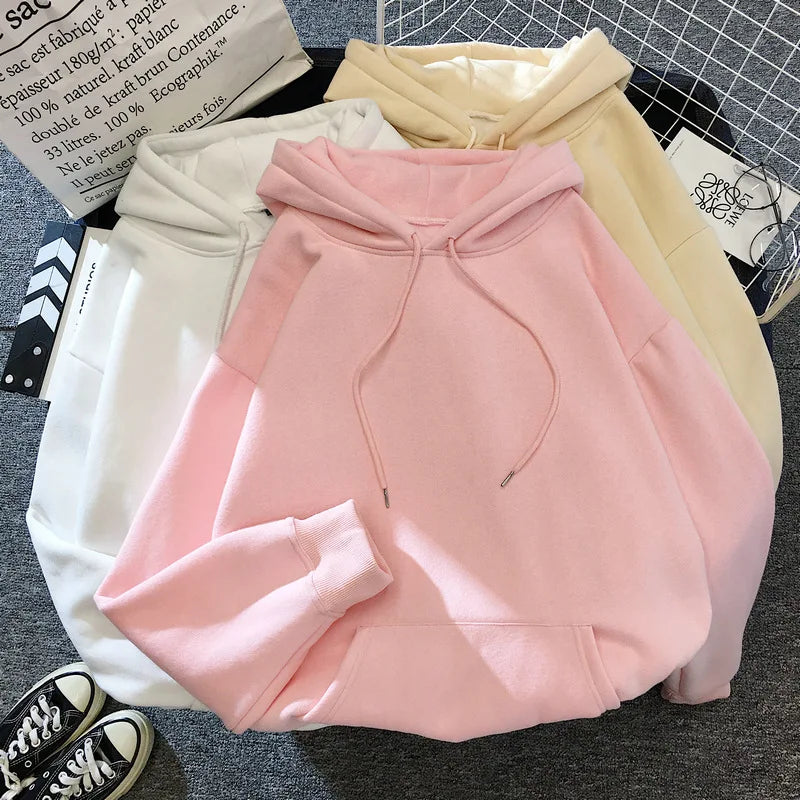 Zuolunouba Autumn And Winter Solid Color Plus Velvet Thickening Female Hoodie Casual Loose Drawstring Pocket Women Sweatshirt - reetell