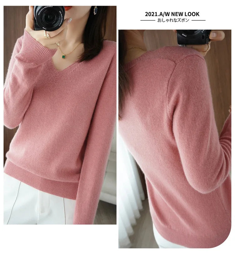 Women's Sweater 2024 Autumn Winter Knitted Pullovers V-neck Slim Fit Bottoming Shirt Solid Soft Knitwear Jumpers Basic Sweaters - reetell