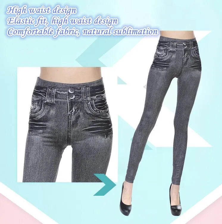 2023 Women's Spring and Summer Tight Imitation Jeans, Smart Slim Fashion, Large Tight Pants, False Pocket Women's Fitness Pants - reetell