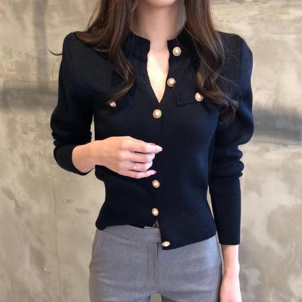 Women Cardigan Sweater Decorative Pockets Faux Pearl Buttons Knitted Coat Short Single Breasted Korean Slim Chic Ladies Tops - reetell