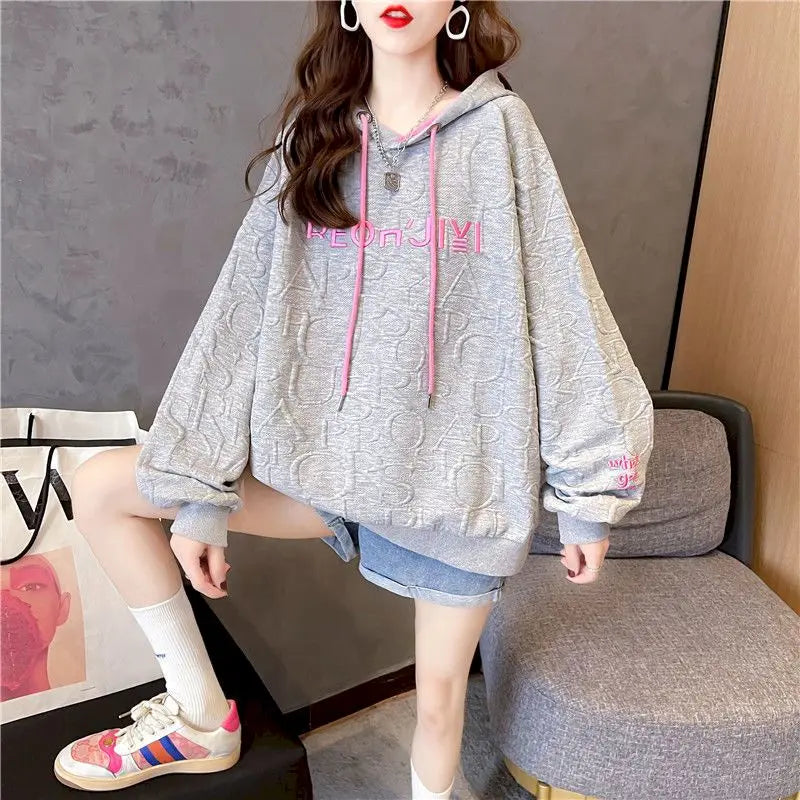 Autumn New Embroidery Hoodies Womens Fashion Loose Large Size Hoodie Korean Trendy Thin Long-sleeved Versatile Hooded Sweatshirt - reetell