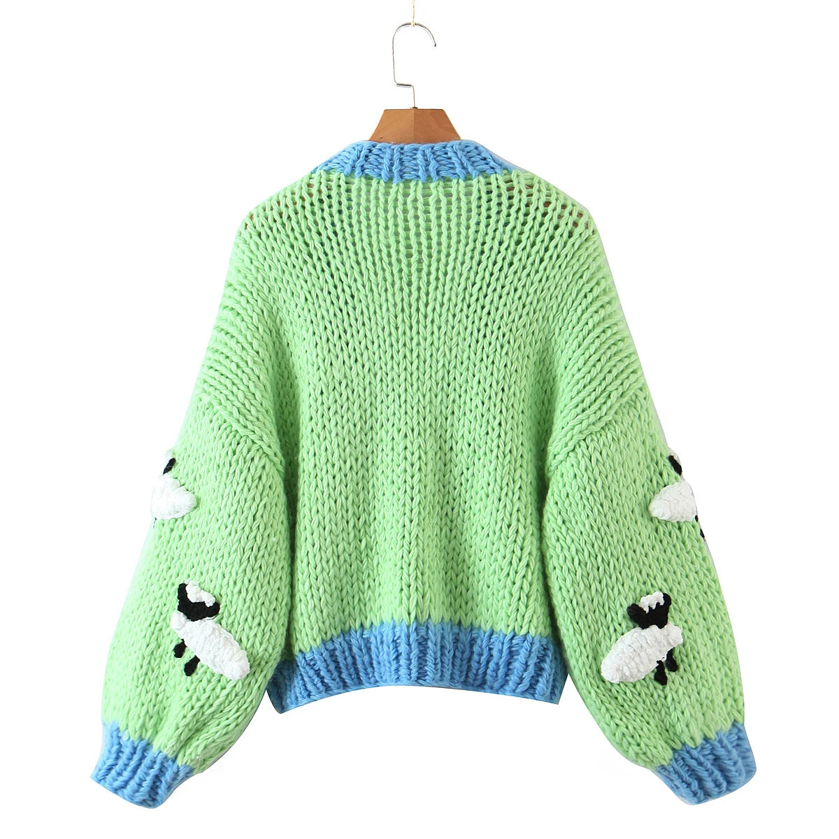 KONDALA 2023 Streetwear Green Handmade Sheep Appliques Knitted Cardigans Women Long Puff Sleeve Loose Jackets Stylish Sweater - reetell