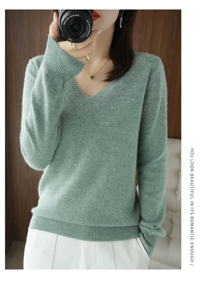 Women's Sweater 2024 Autumn Winter Knitted Pullovers V-neck Slim Fit Bottoming Shirt Solid Soft Knitwear Jumpers Basic Sweaters - reetell