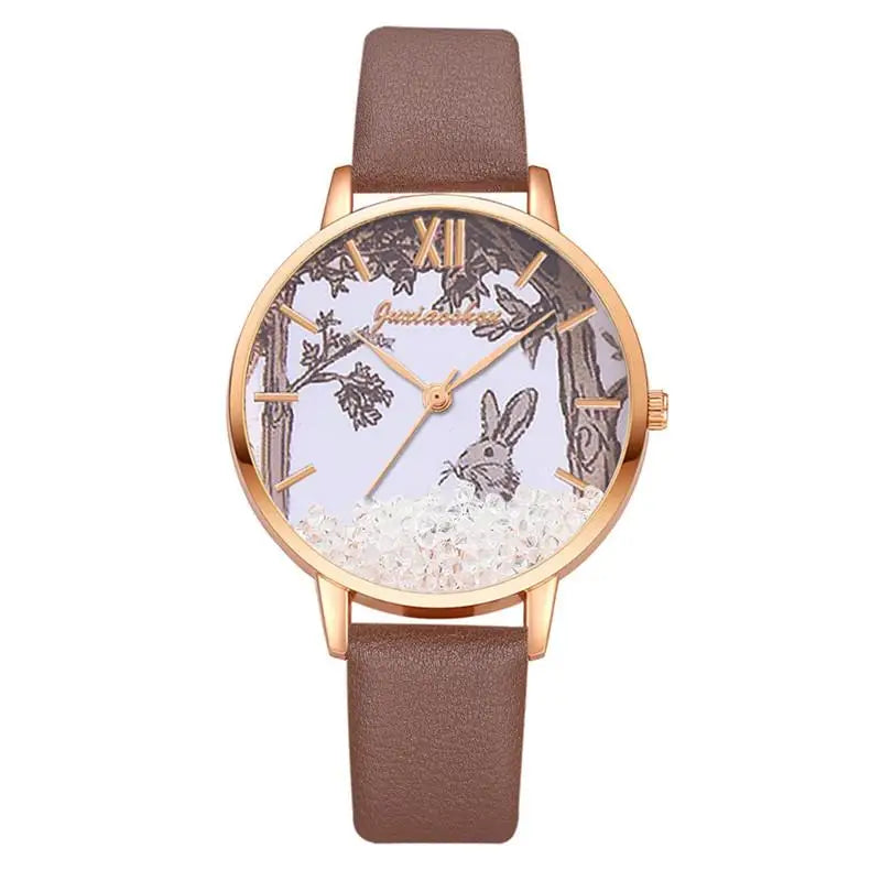 Luxury Rhinestones Women Watches Fashion Rabbit Pattern Dial Design Ladies Wristwatches Qualities Female Quartz Leather Watch