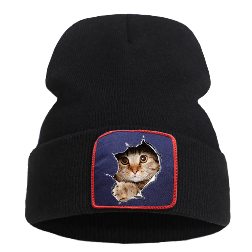 Hats Funny Kitten Cat Print Man Winter Knitted Hat Hip Hop Warm Fashion Hats Women Autumn Outdoor Solid Color Caps For Boys