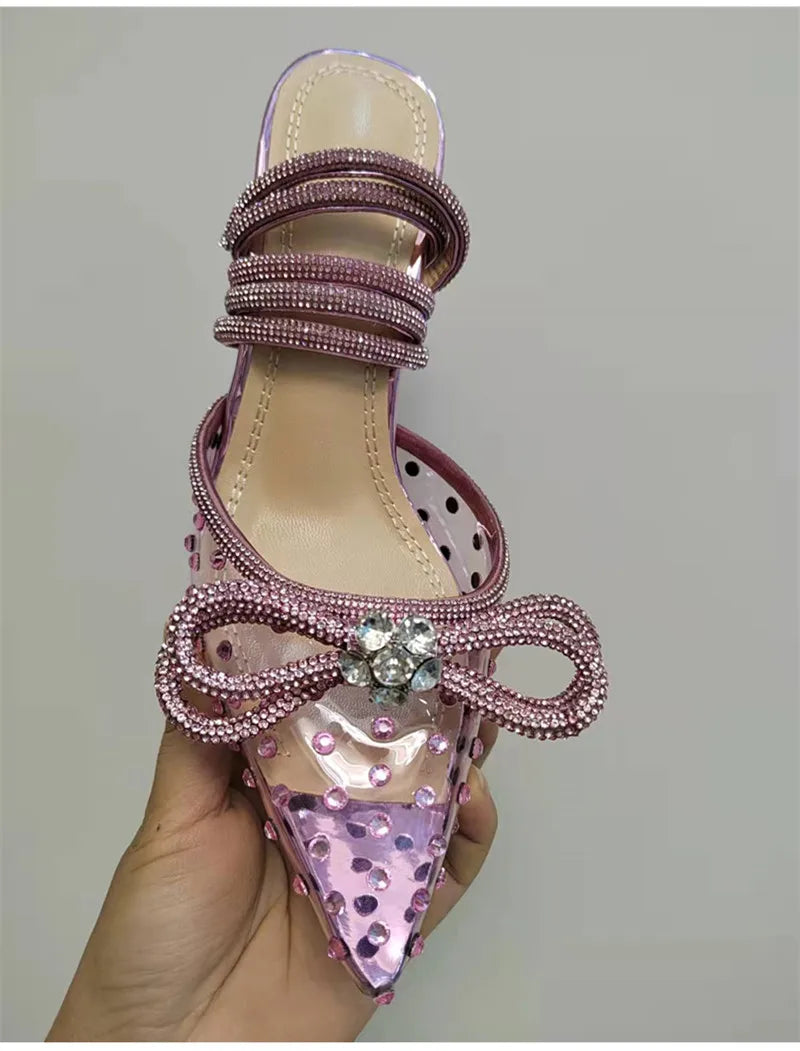 Brand Luxury Crystal Sequined Bowknot Women Pumps Sexy Ankle Strap High heels Female Sandals Summer Fashion Wedding Prom Shoes - reetell