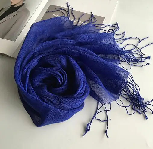 55*180cm Fashion Soft Solid Women 100% Linen Flax Tassel Scarf Summer Travel Sunscreen Long Shawl Elegant Hijab Women Foulard - reetell