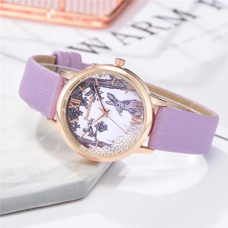 Luxury Rhinestones Women Watches Fashion Rabbit Pattern Dial Design Ladies Wristwatches Qualities Female Quartz Leather Watch