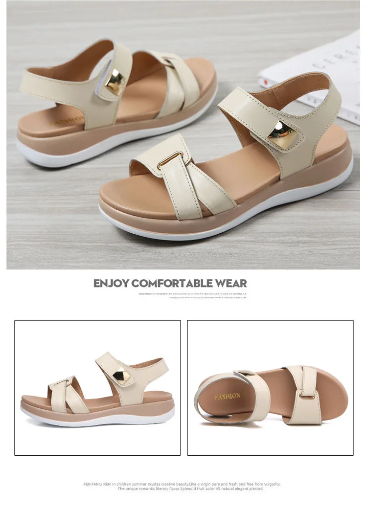 WOIZGIC Women Female Ladies Mother Genuine Leather Shoes Sandals Flats Soft Hook Loop Korean Bling Summer Beach Size 35-40 - reetell