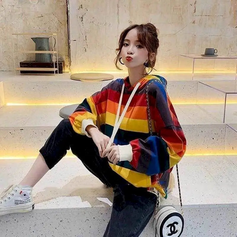 Womens Hoodies Rainbow Striped Long-sleeved T-shirt Spring Autumn New Loose Thin Casual Oversized Hooded Sweatshirt Women Tops - reetell