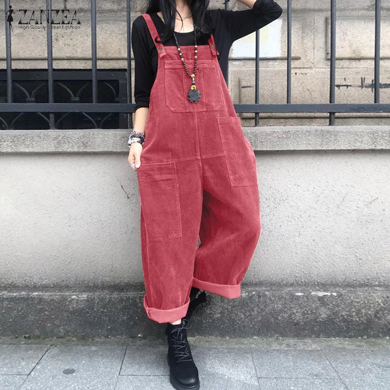 Kaftan Corduroy Overalls Women's Spring Jumpsuits ZANZEA 2023 Casual Suspender Harem Pants Female Solid Rompers Femme Oversize