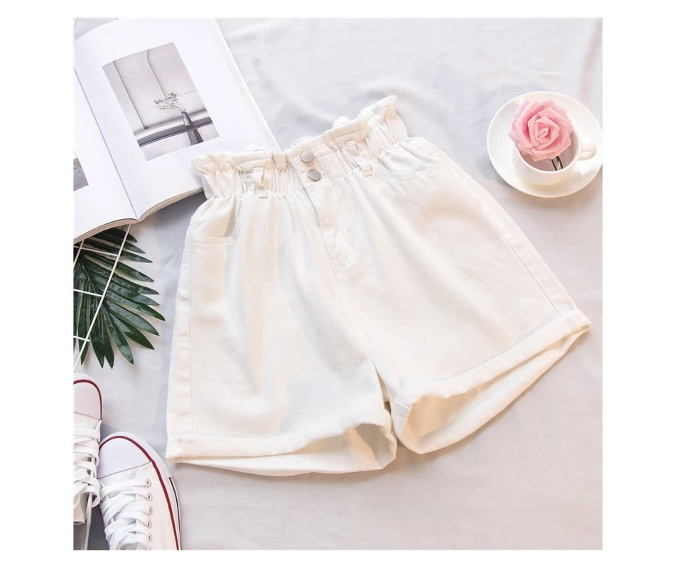 Jielur Summer Black Women Denim Shorts Women S-5XL Harem Ruffled White Blue High Waisted Shorts Female Elastic Short Jeans - reetell