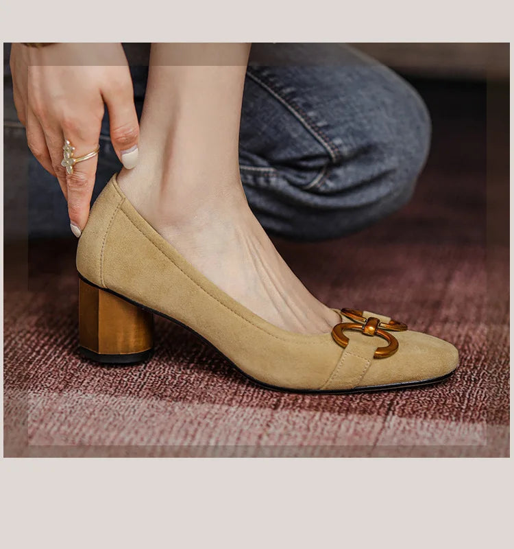 Women Spring Pumps Fasion French Retro Square Toe Brushed Metal Thick Medium Heels Boat Female Slip-on Professional Shoes Mujer