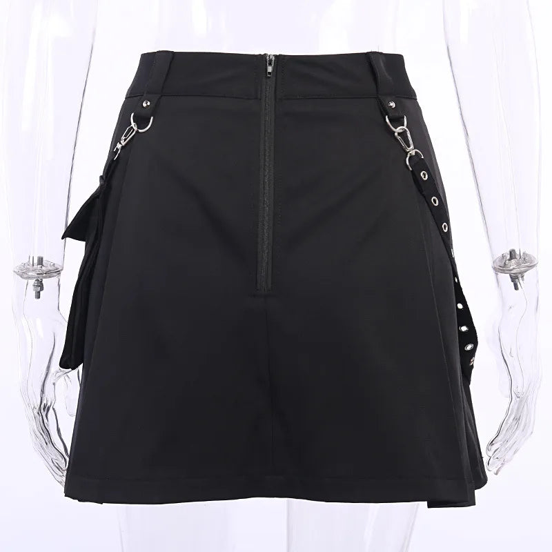 Black Skirt Harajuku Punk Gothic Black High Waist Black Women Sexy Patchwork Bandage Mini Skirt Female Streetwear - reetell