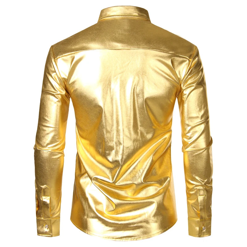 Men's Disco Shiny Gold Sequin Metallic Design Dress Shirt Long Sleeve Button Down Christmas Halloween Bday Party Stage Costume - reetell