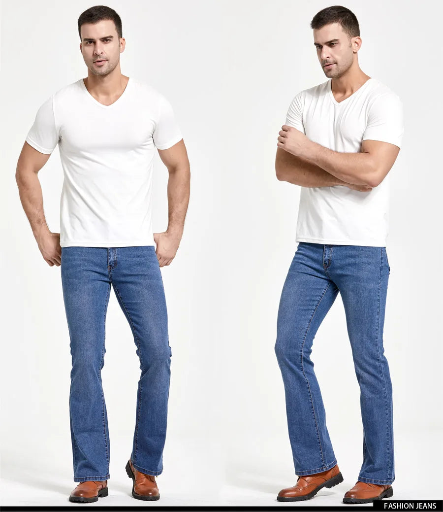 Mens Boot Cut Jeans Slightly Flared Slim Fit Blue Black Trousers Designer Classic Male Stretch Denim Pants - reetell