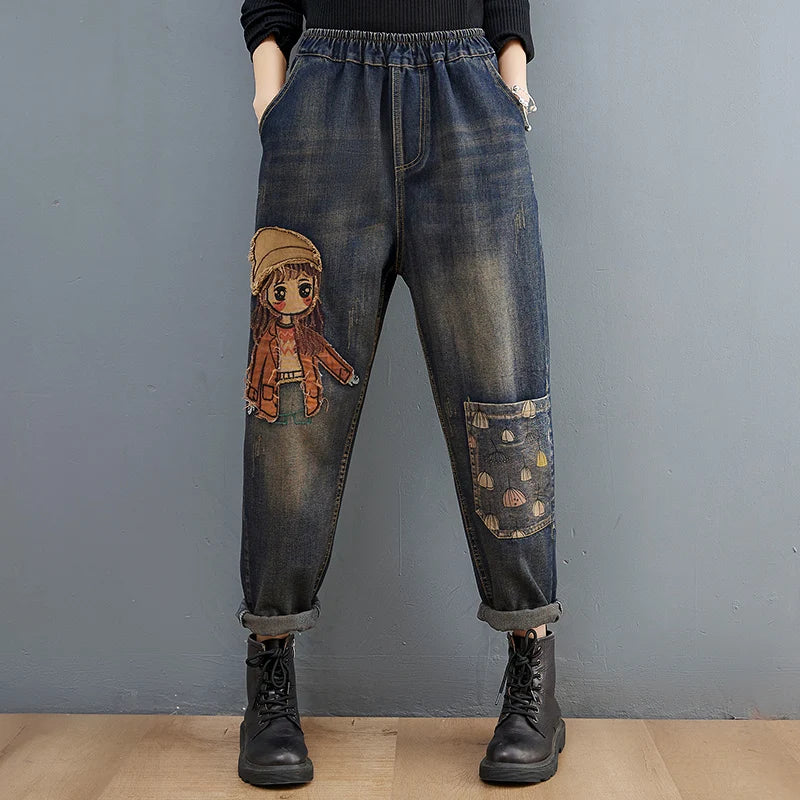 6537 Cartoon Litter Girl Embroidery Denim Pants For Women Trendy Hole Casual High Waist Breeches Pockets Mom Harem Blue Jeans - reetell