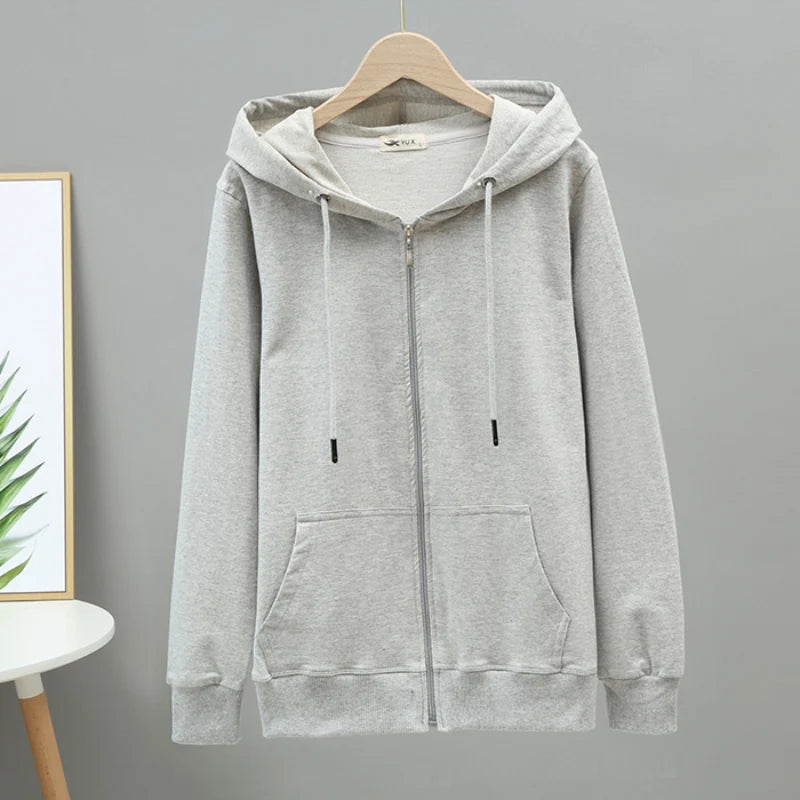 JMPRS 100% Cotton Women Hoodies Large Size Solid Zipper Casual Hooded Oversized Sweatshirt High Quality Autumn Long Sleeve Tops - reetell