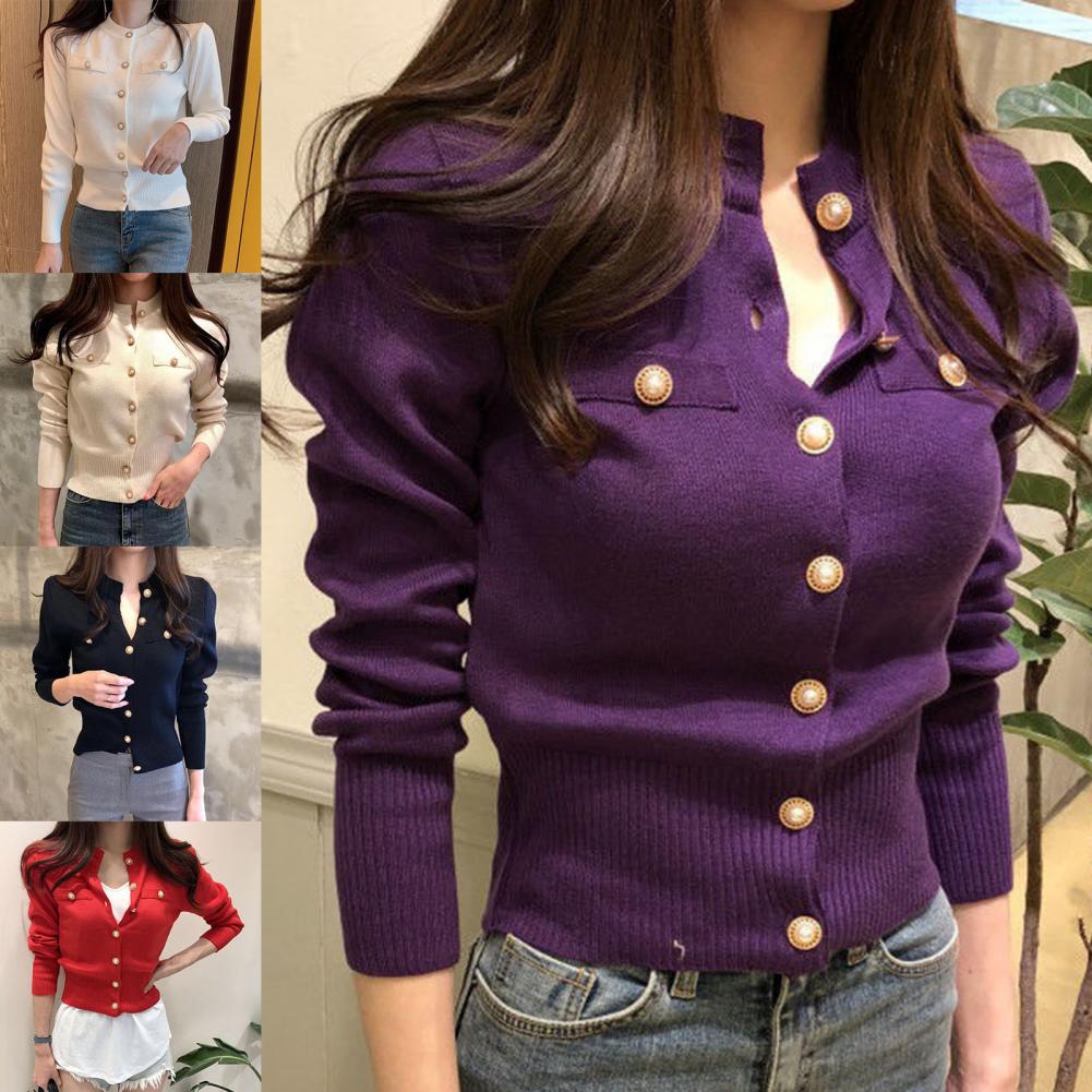 Women Cardigan Sweater Decorative Pockets Faux Pearl Buttons Knitted Coat Short Single Breasted Korean Slim Chic Ladies Tops - reetell