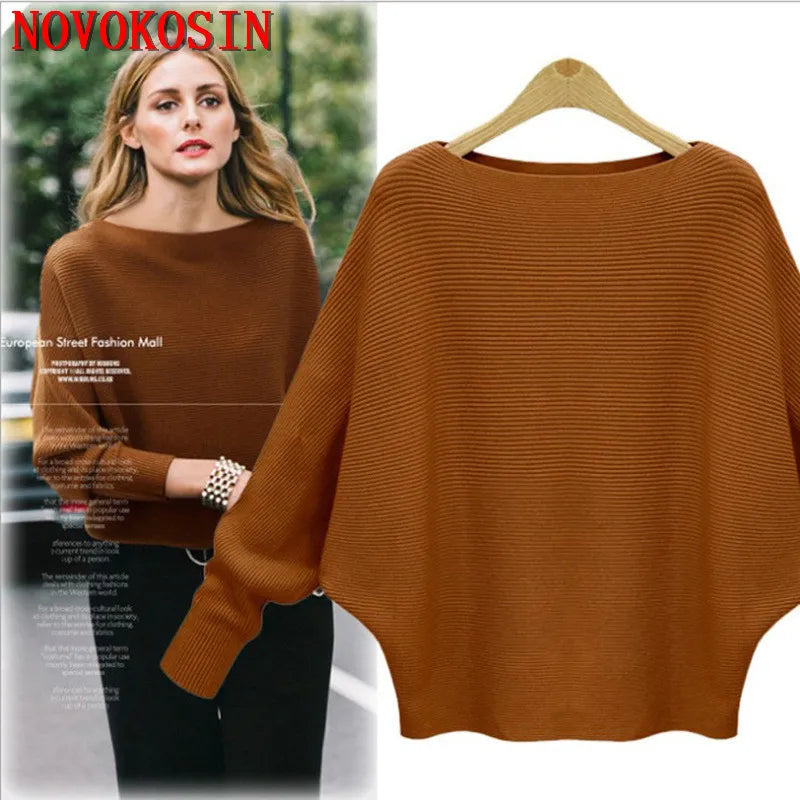 26 Colors Autumn Outstreet High Stretch Knitwear Wide Collar Pullover Knits Women Knitted Long Batwing Sleeves Loose Sweater - reetell