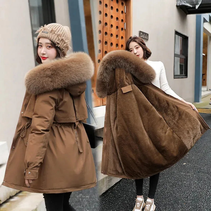 2023 New Winter Jacket Women Parka Fashion Long Coat Wool Liner Hooded Parkas Slim With Fur Collar Warm Snow Wear Padded Clothes - reetell