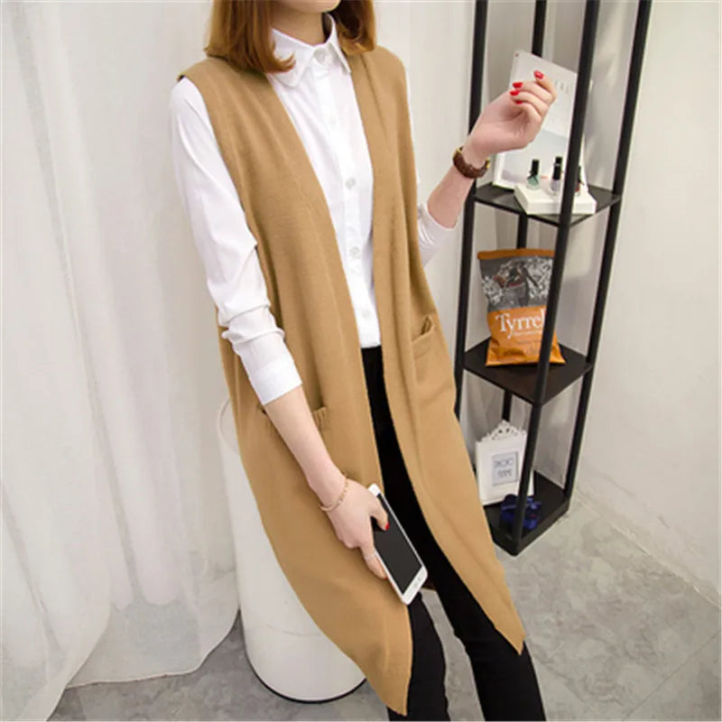 Long Sweater Vest Women Knitting Cardigan Waistcoat Coat lady 2020 New Autumn winter Korean Loose Gilet solid Sleeveless Jackets - reetell