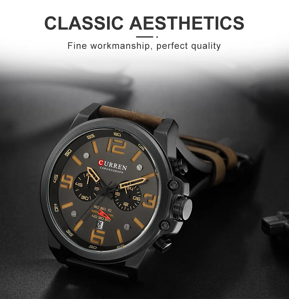 CURREN Mens Watches Top Luxury Brand Waterproof Sport Wrist Watch Chronograph Quartz Military Genuine Leather Relogio Masculino