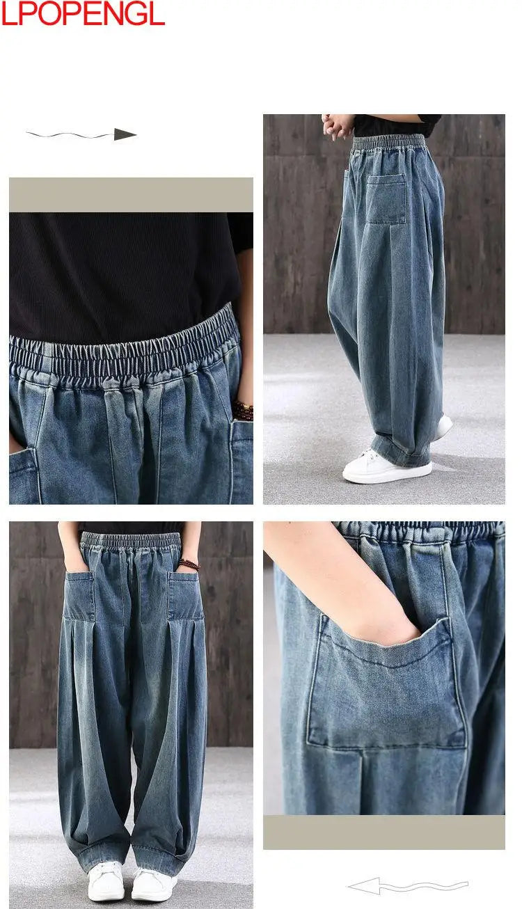 New Baggy Oversize Jeans Women Denim Casual Cross Pants Female Vintage Harem Pants Trousers Bloomers 2024 Mom Wide Leg Jeans - reetell