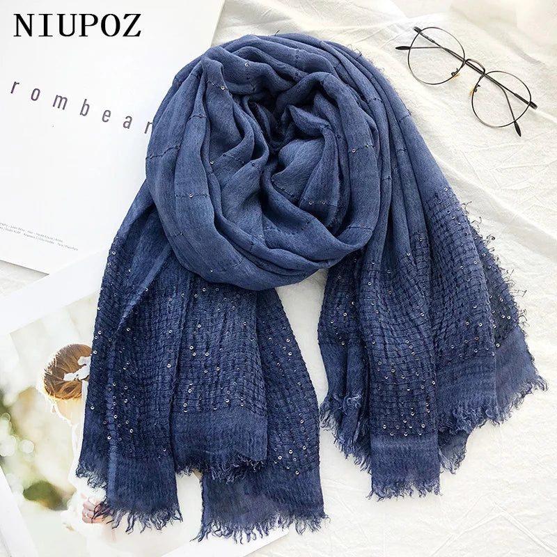 New Design Oversized Cotton Women Foulard Winter Scarf With Sequins Long Solid Shawl Muslim Hijab Warm Thick Knitted - reetell