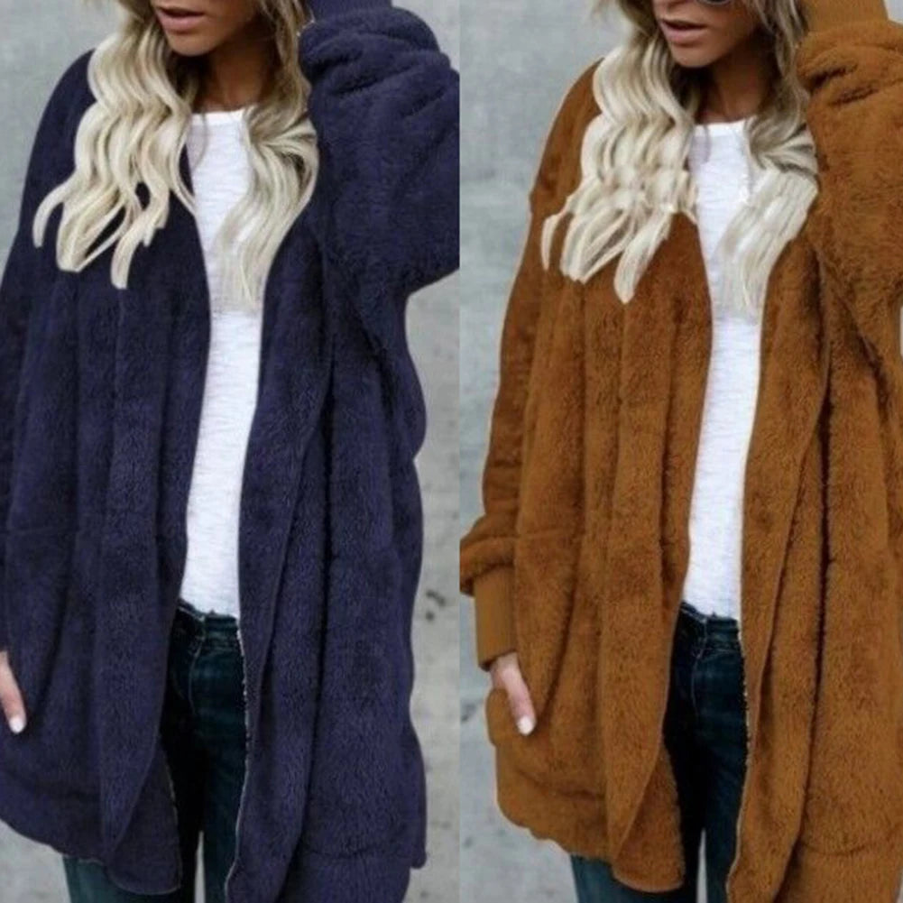 Loose Winter Women Solid Color Plush Faux Fur Warm Long Sleeve Hooded Female Jacket Midi Coat Cardigan 4 Colors - reetell