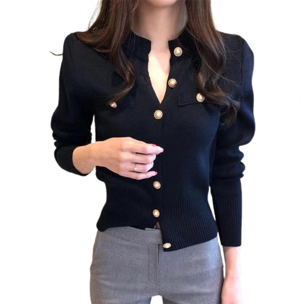 Women Cardigan Sweater Decorative Pockets Faux Pearl Buttons Knitted Coat Short Single Breasted Korean Slim Chic Ladies Tops - reetell