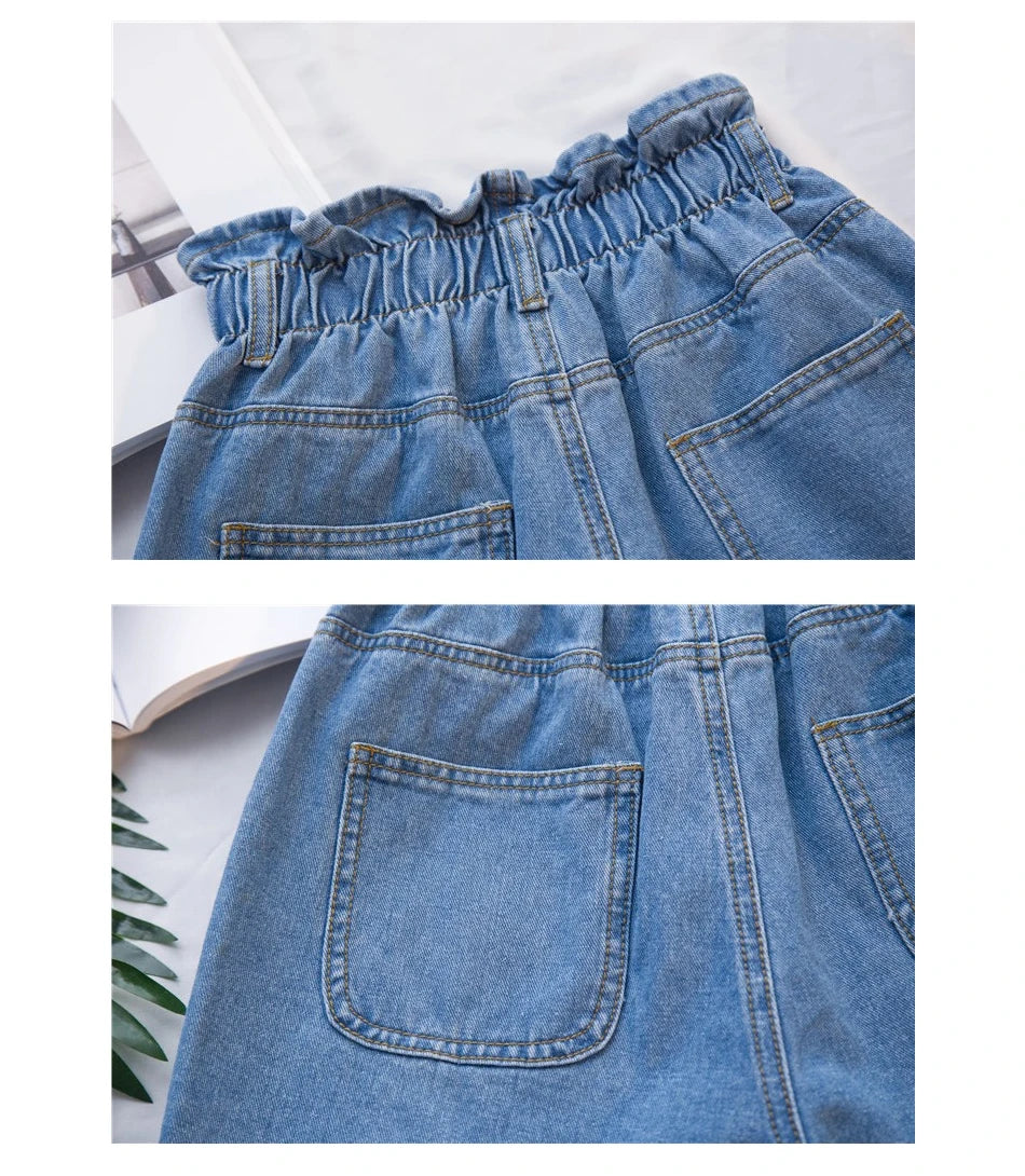 Jielur Summer Black Women Denim Shorts Women S-5XL Harem Ruffled White Blue High Waisted Shorts Female Elastic Short Jeans - reetell