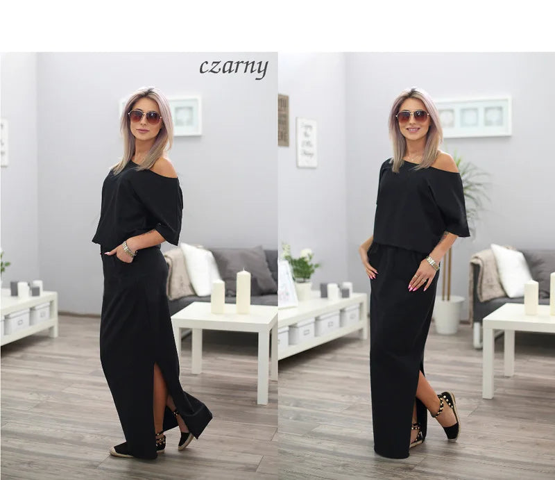 Sexy Slash neck Side Split Loose Dress Women Summer Long Maxi Dress Short Sleeve Evening Party Dress - reetell